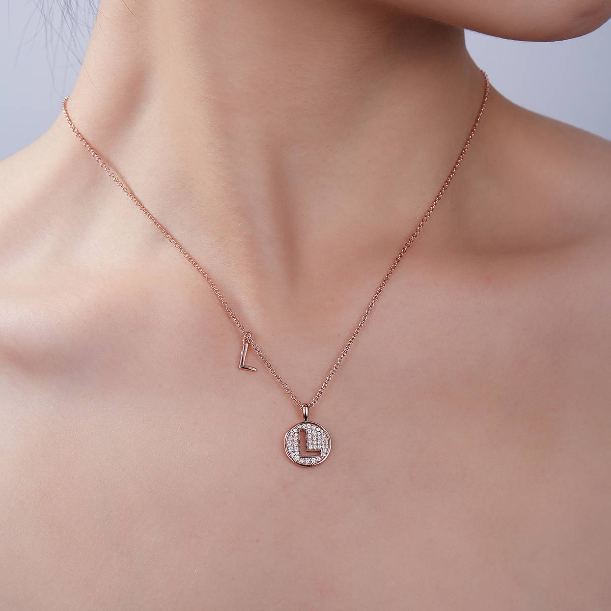 L pendant S925 silver plated rose gold Moissanite light luxury letter necklace